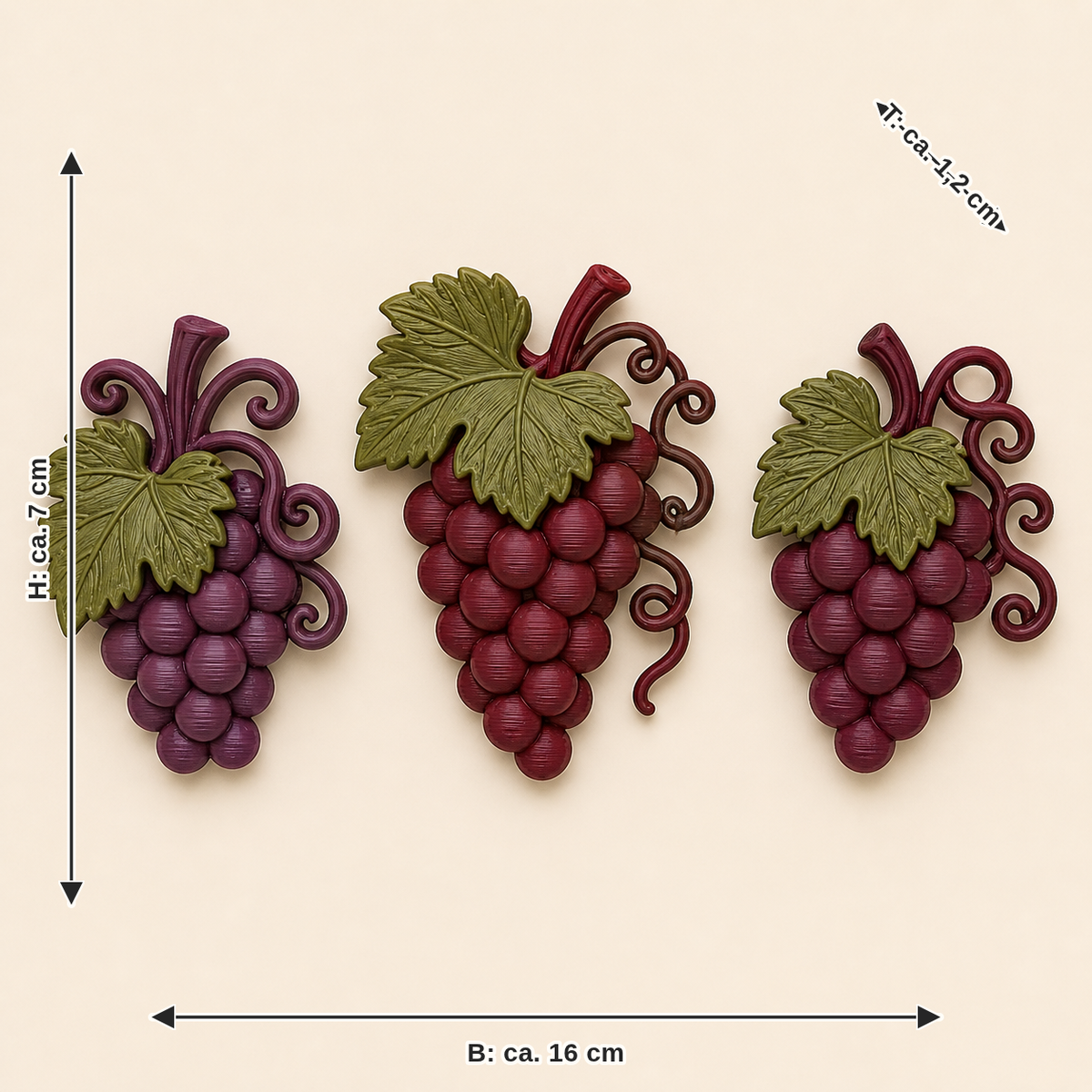 Maßbild für Weinlaub-Magnet-Set Trauben-Trio: Breite ca. 16 cm, Tiefe ca. 1.2 cm, Höhe ca. 7 cm