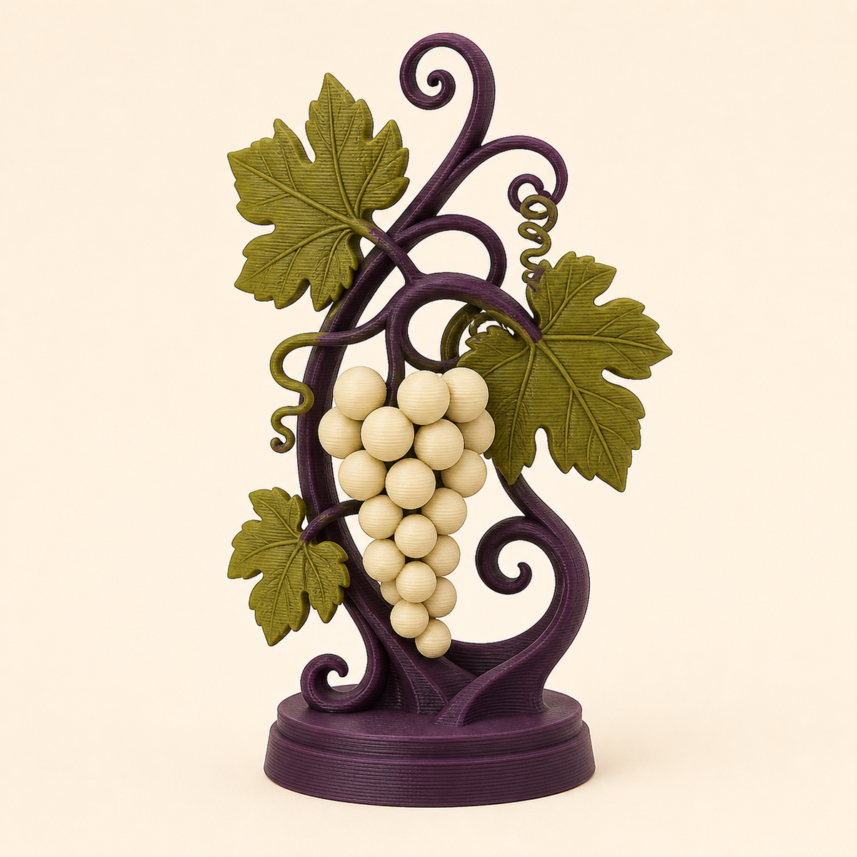 Weinlaub-Mini-Skulptur Spätlese aus 3D-gedrucktem PETG in Dunkelviolett, Olivgrün, Creme
