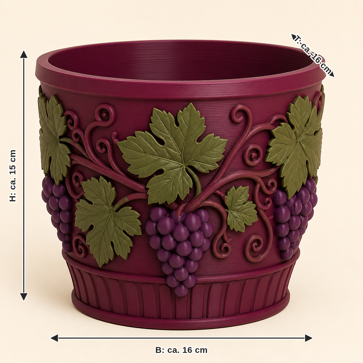 Maßbild für Weinlaub-Pflanzübertopf Weinstocktopf: Breite ca. 16 cm, Tiefe ca. 16 cm, Höhe ca. 15 cm