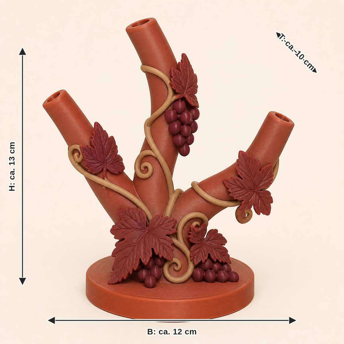 Maßbild für Weinlaub-Ringhalter Rebenzweig: Breite ca. 12 cm, Tiefe ca. 10 cm, Höhe ca. 13 cm