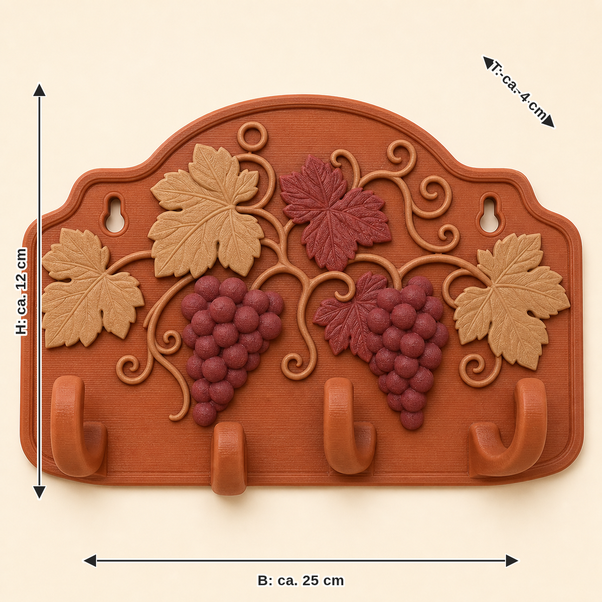 Maßbild für Weinlaub-Schlüsselbrett Rebenhaken: Breite ca. 25 cm, Tiefe ca. 4 cm, Höhe ca. 12 cm