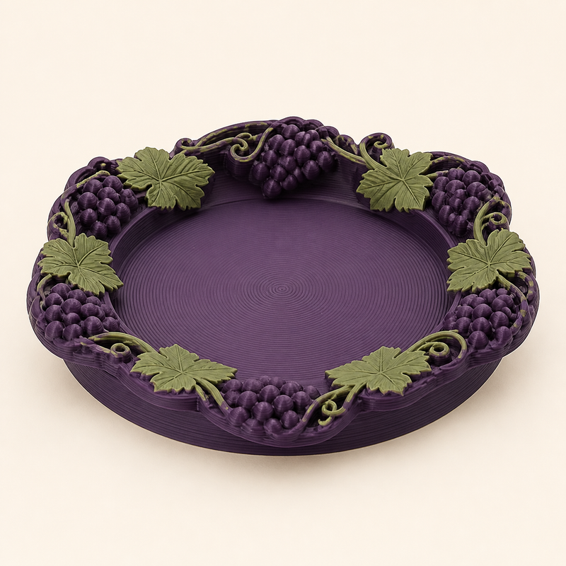 Weinlaub-Schmuckschale Traubenrand aus 3D-gedrucktem PETG in Dunkelviolett, Olivgrün, Creme