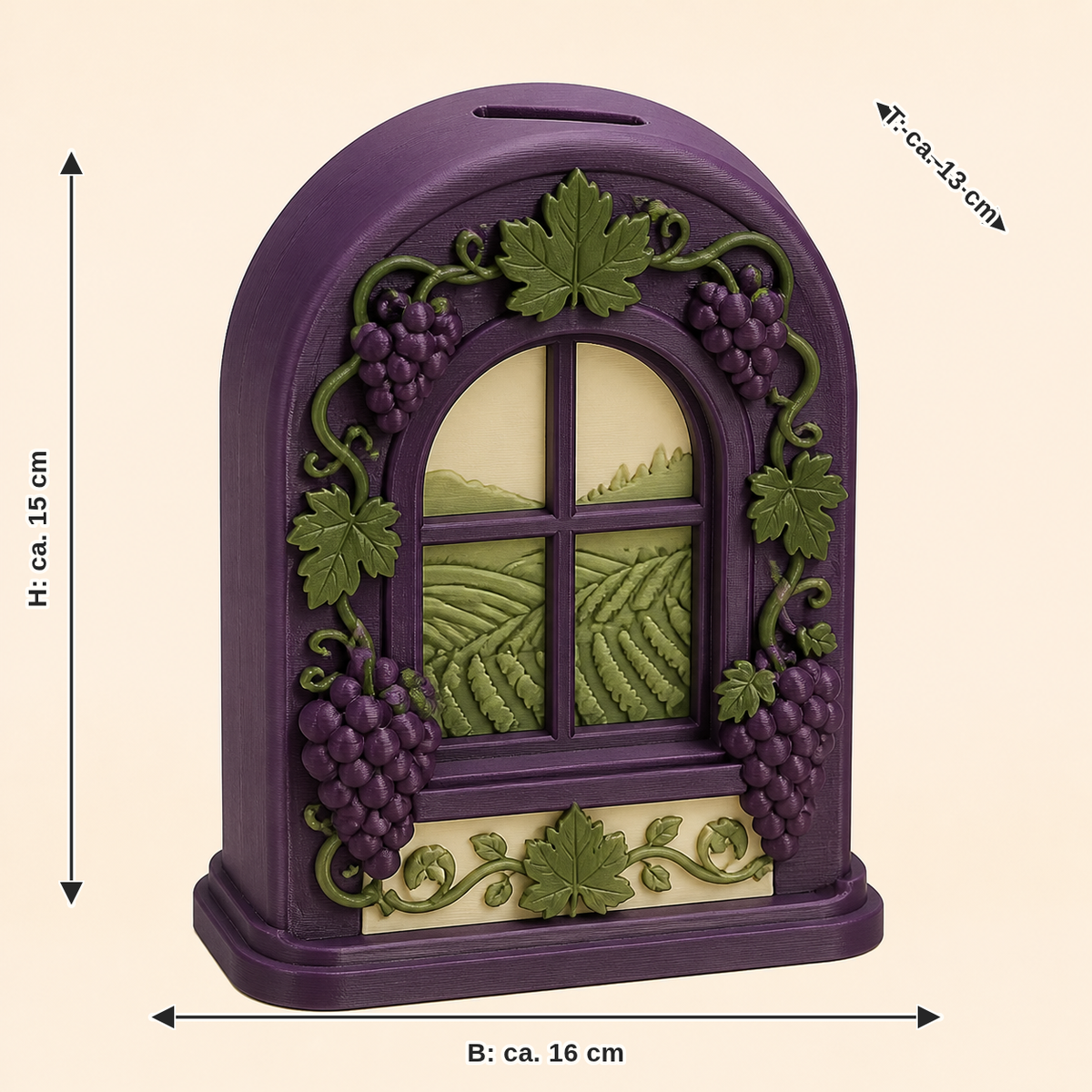 Maßbild für Weinlaub-Sparbüchse Erntefenster: Breite ca. 16 cm, Tiefe ca. 13 cm, Höhe ca. 15 cm