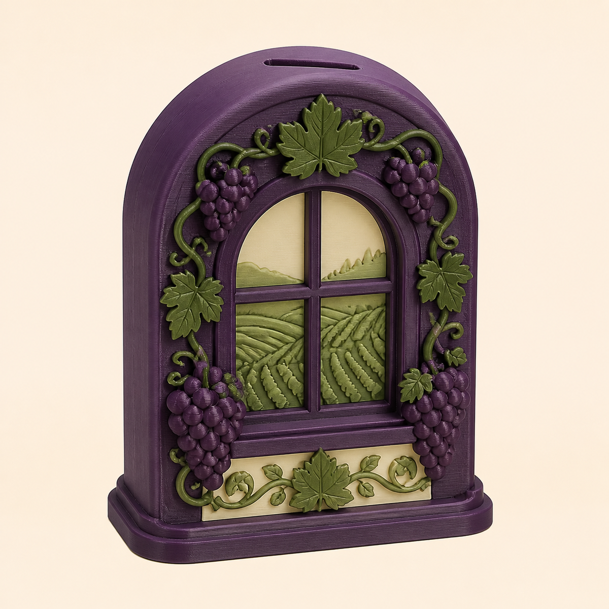 Weinlaub-Sparbüchse Erntefenster aus 3D-gedrucktem PETG in Dunkelviolett, Olivgrün, Creme