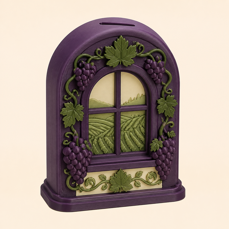 Weinlaub-Sparbüchse Erntefenster aus 3D-gedrucktem PETG in Dunkelviolett, Olivgrün, Creme