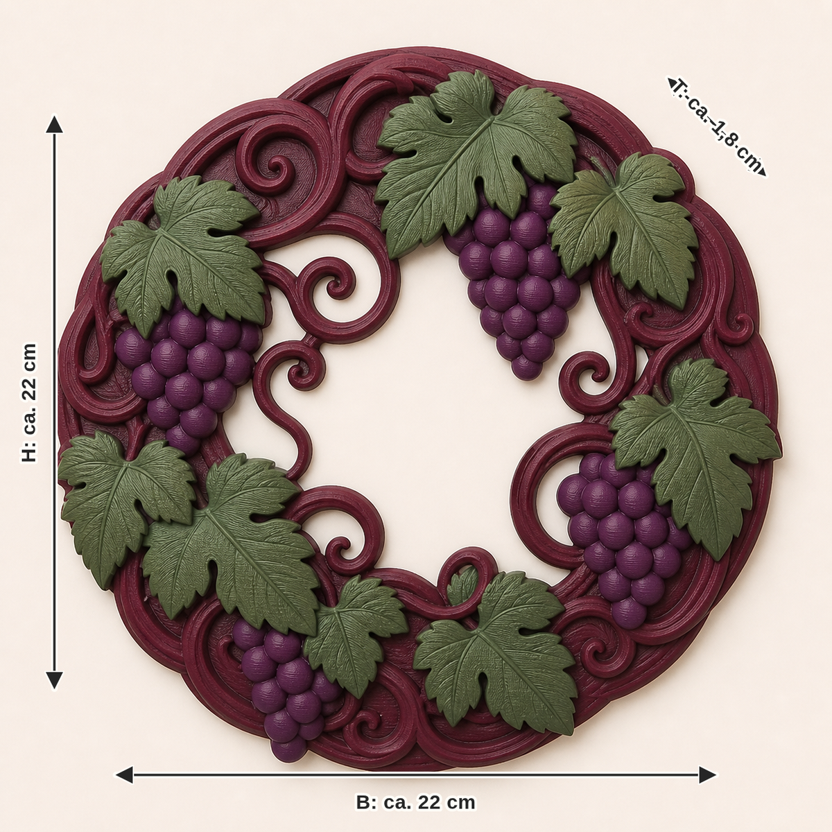 Dimensional image for Weinlaub-wall relief Vine wreath: width approx. 22 cm, depth approx. 1.8 cm, height approx. 22 cm