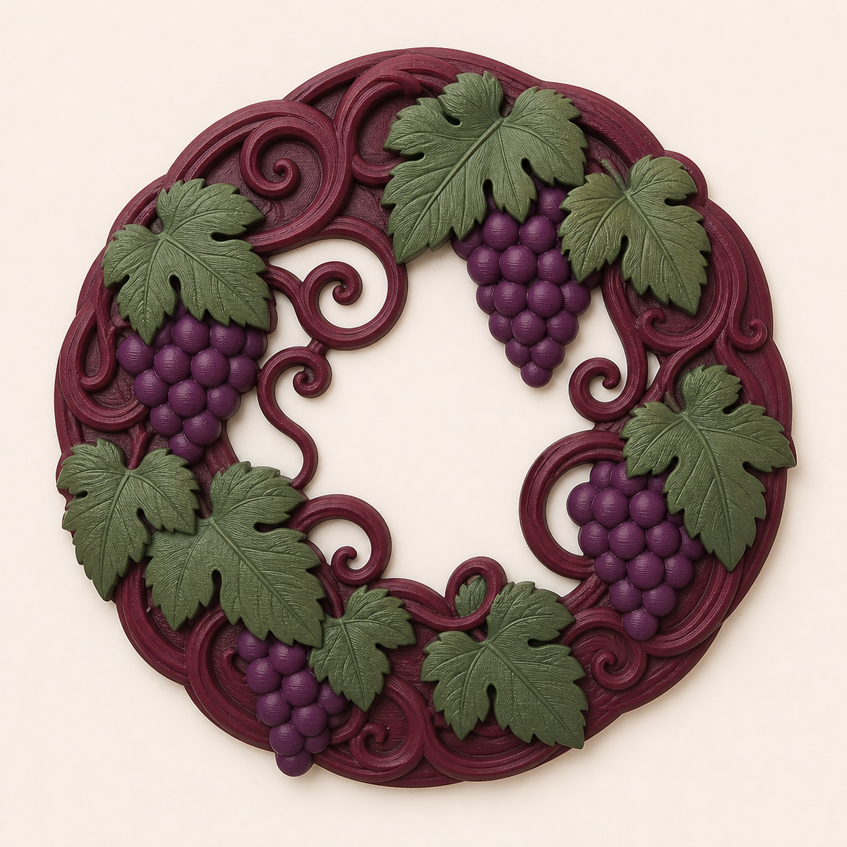 Vine wreath in 3D printed PETG in Bordeaux, plum, grapevine green