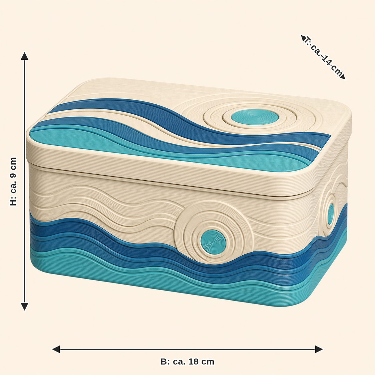 Dimensional image for wave storage box shore arch: width approx. 18 cm, depth approx. 14 cm, height approx. 9 cm