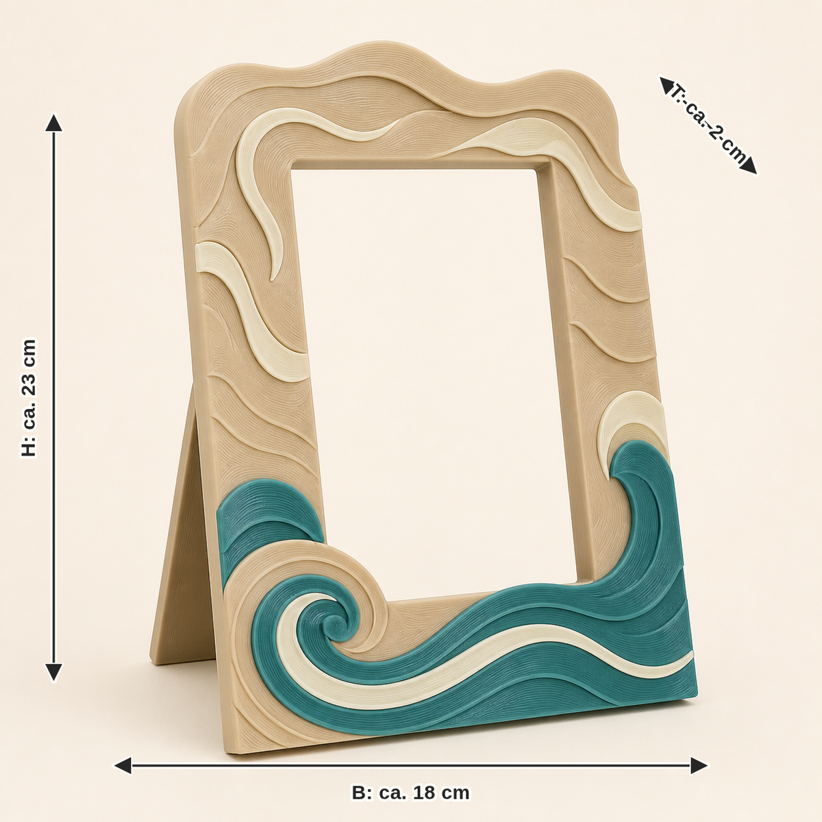 Dimensional image for wave-photo frame thinning: width approx. 18 cm, depth approx. 2 cm, height approx. 23 cm