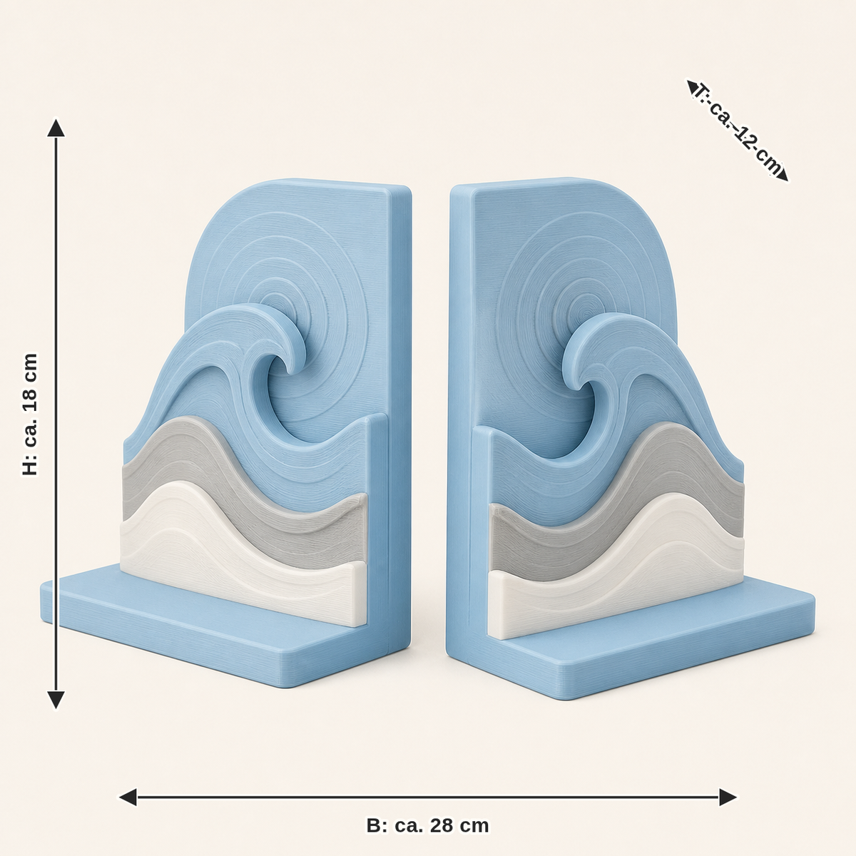 Dimensional image for wave bookends pair double flood: width approx. 28 cm, depth approx. 12 cm, height approx. 18 cm