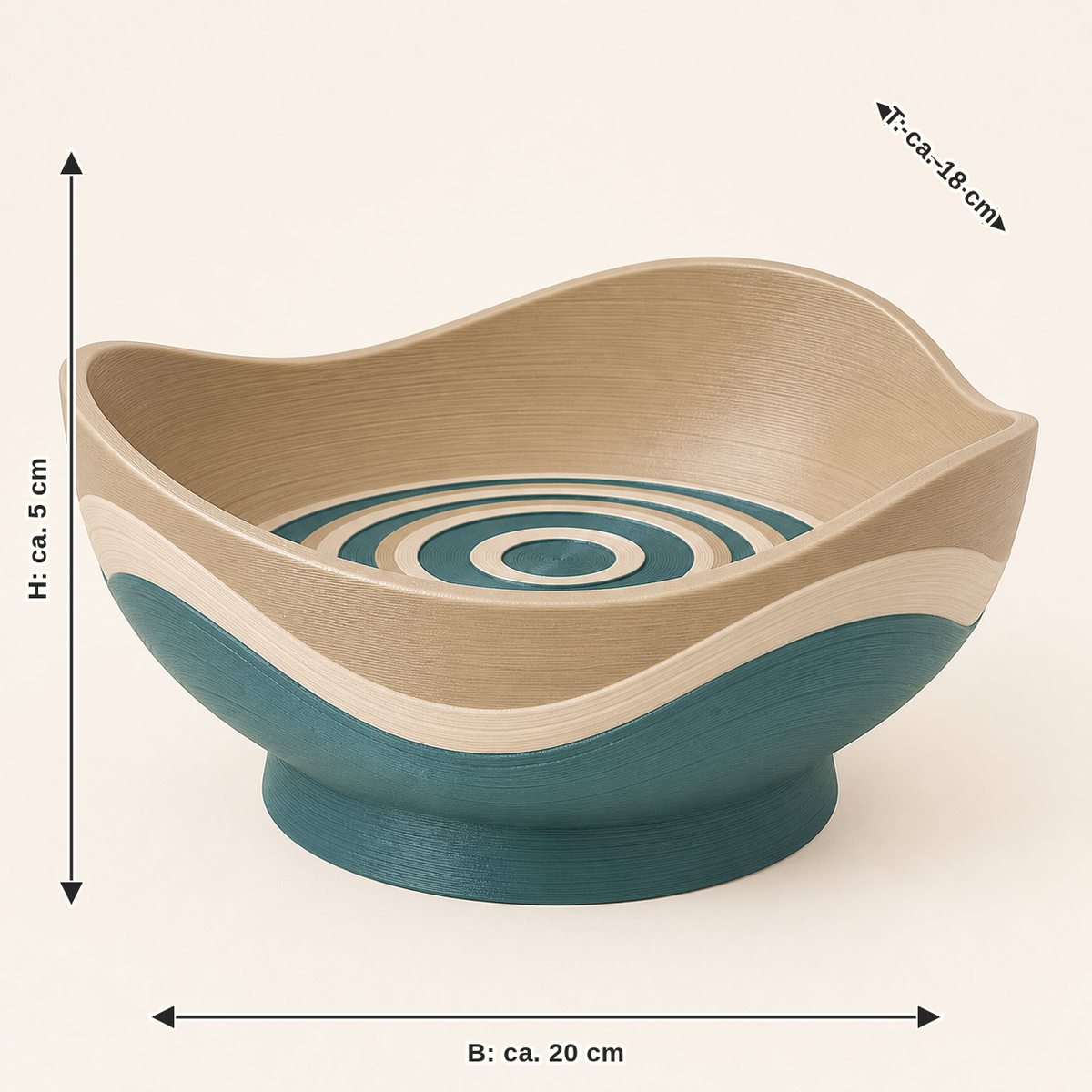 Dimensional image for wave-decorative bowl bay line: width approx. 20 cm, depth approx. 18 cm, height approx. 5 cm