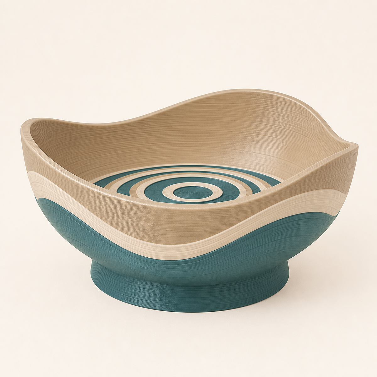 Wave-decorative bowl line of 3D-printed PETG in sand beige, teal, cream