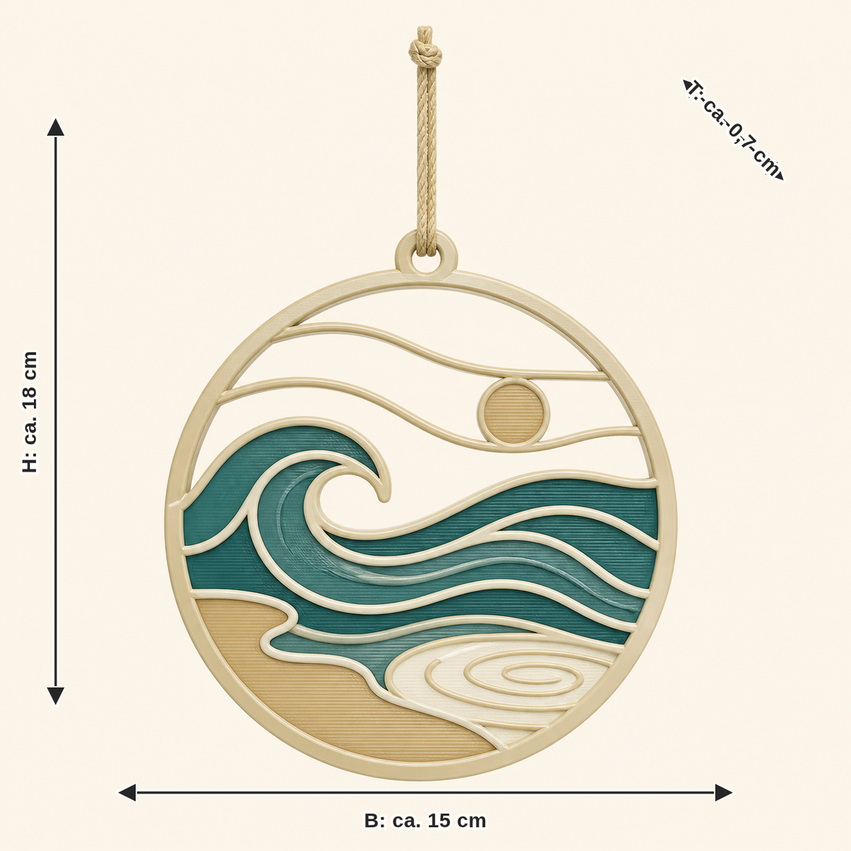 Dimensional image for wave-window ornament coastline: width approx. 15 cm, depth approx. 0.7 cm, height approx. 18 cm