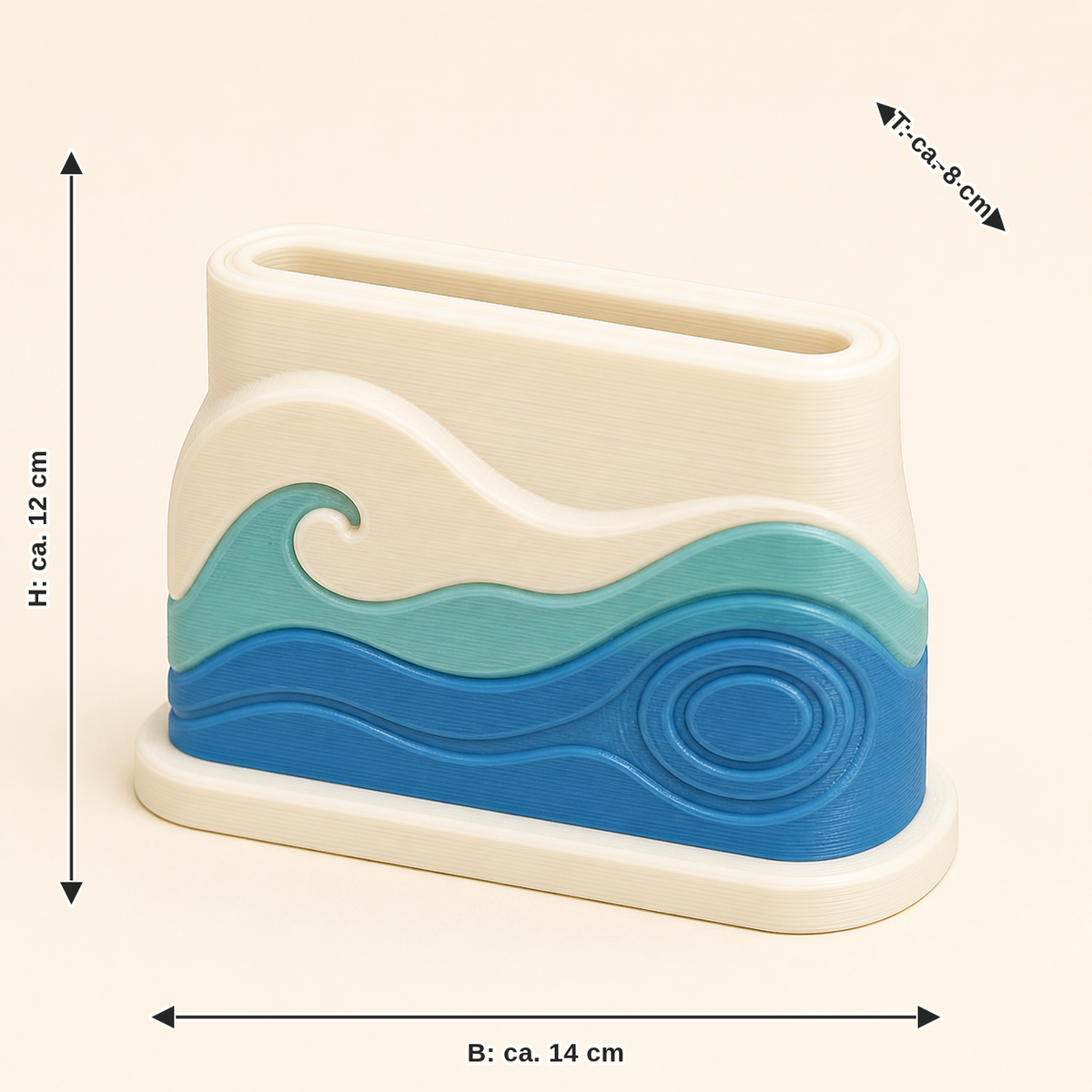 Horizontal wave: width about 14 cm, depth about 8 cm, height about 12 cm