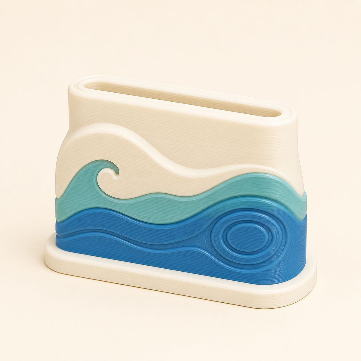 Horizontal wave made of 3D printed PETG in warm white, sea blue, turquoise