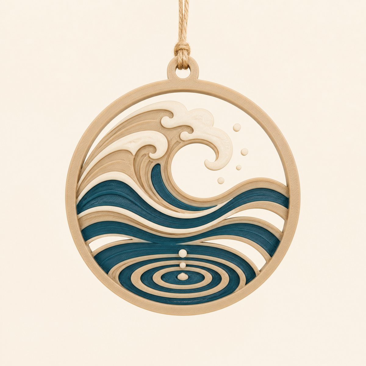 Wave-hanging decoration Branding from 3D-printed PETG in sand beige, teal, cream