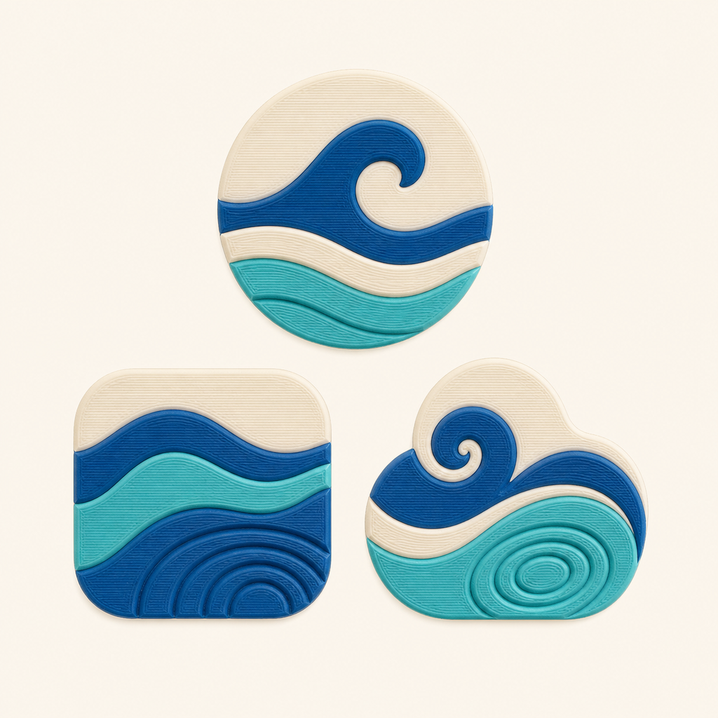 Wave magnet set in 3D printed PETG in warm white, sea blue, turquoise
