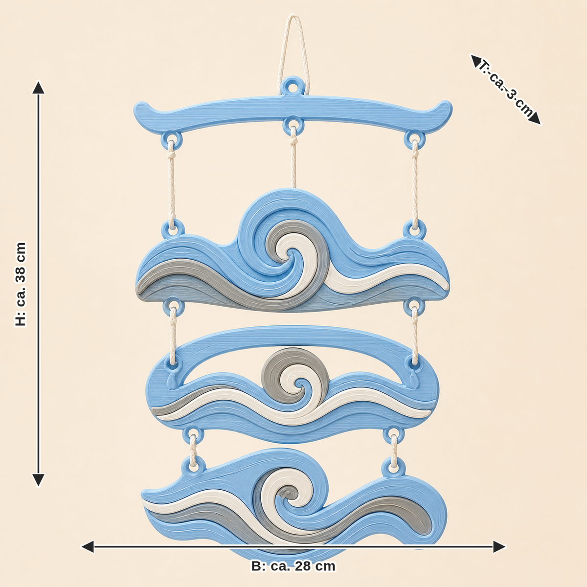 Dimensional image for wave mobile water vortex: width approx. 28 cm, depth approx. 3 cm, height approx. 38 cm
