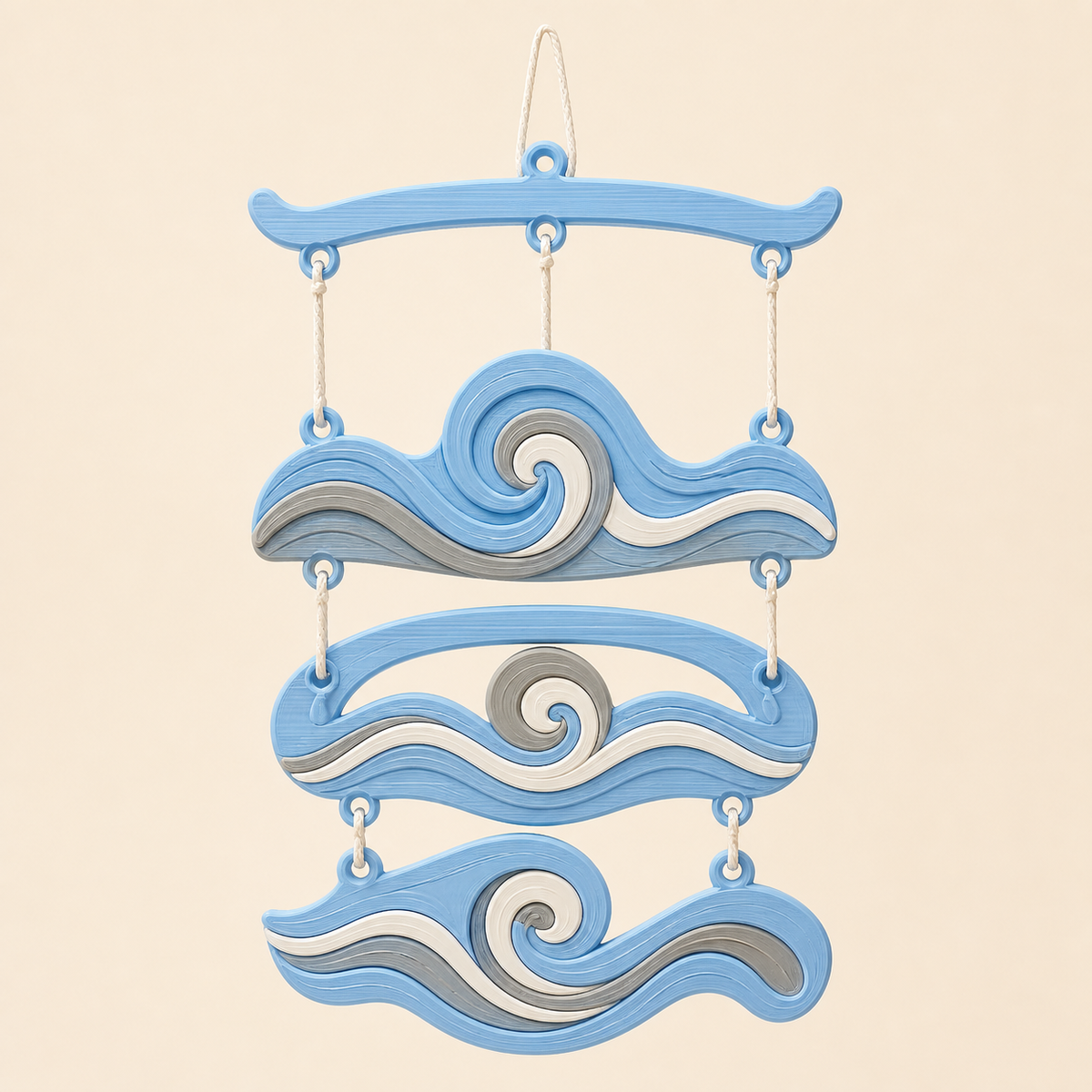 Wave-Mobile water vortex in 3D-printed PETG in sky blue, fog grey, warm white