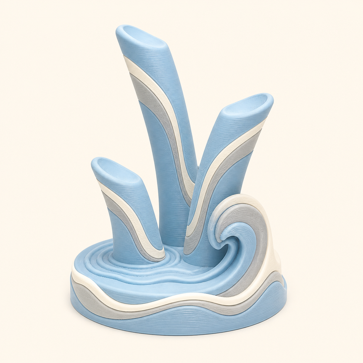 Wave-ring holder in 3D-printed PETG in sky blue, fog grey, warm white