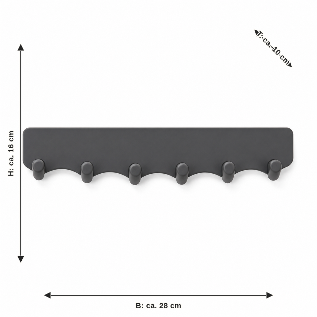 Maßbild für Wellen-Schlüsselbrett in Graphitgrau: Breite ca. 28 cm, Tiefe ca. 10 cm, Höhe ca. 16 cm