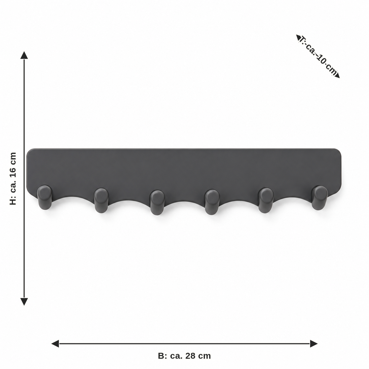 Dimensional image for wave-key rack in graphite grey: width approx. 28 cm, depth approx. 10 cm, height approx. 16 cm