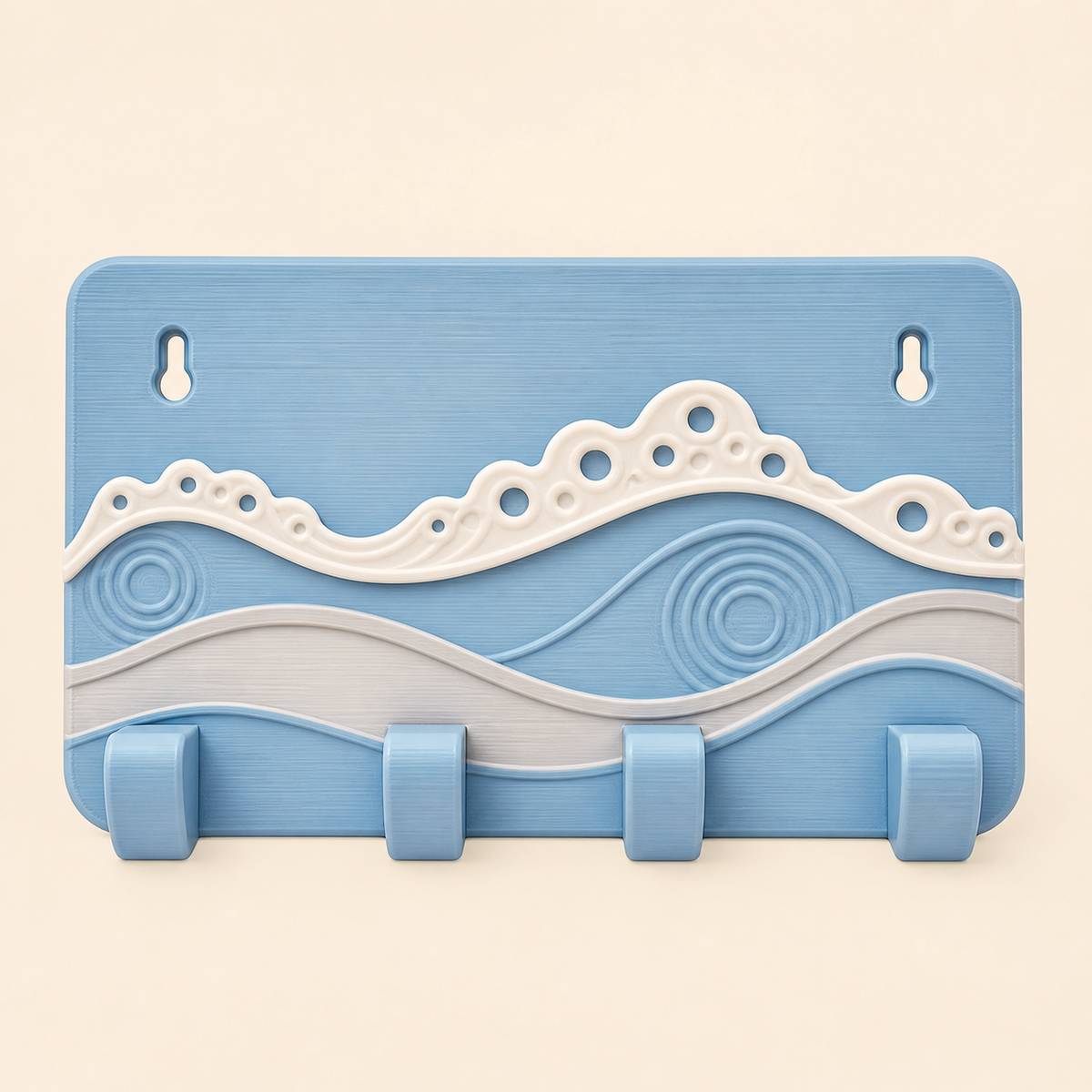 Wave-key rack foam line in 3D printed PETG in sky blue, fog grey, warm white