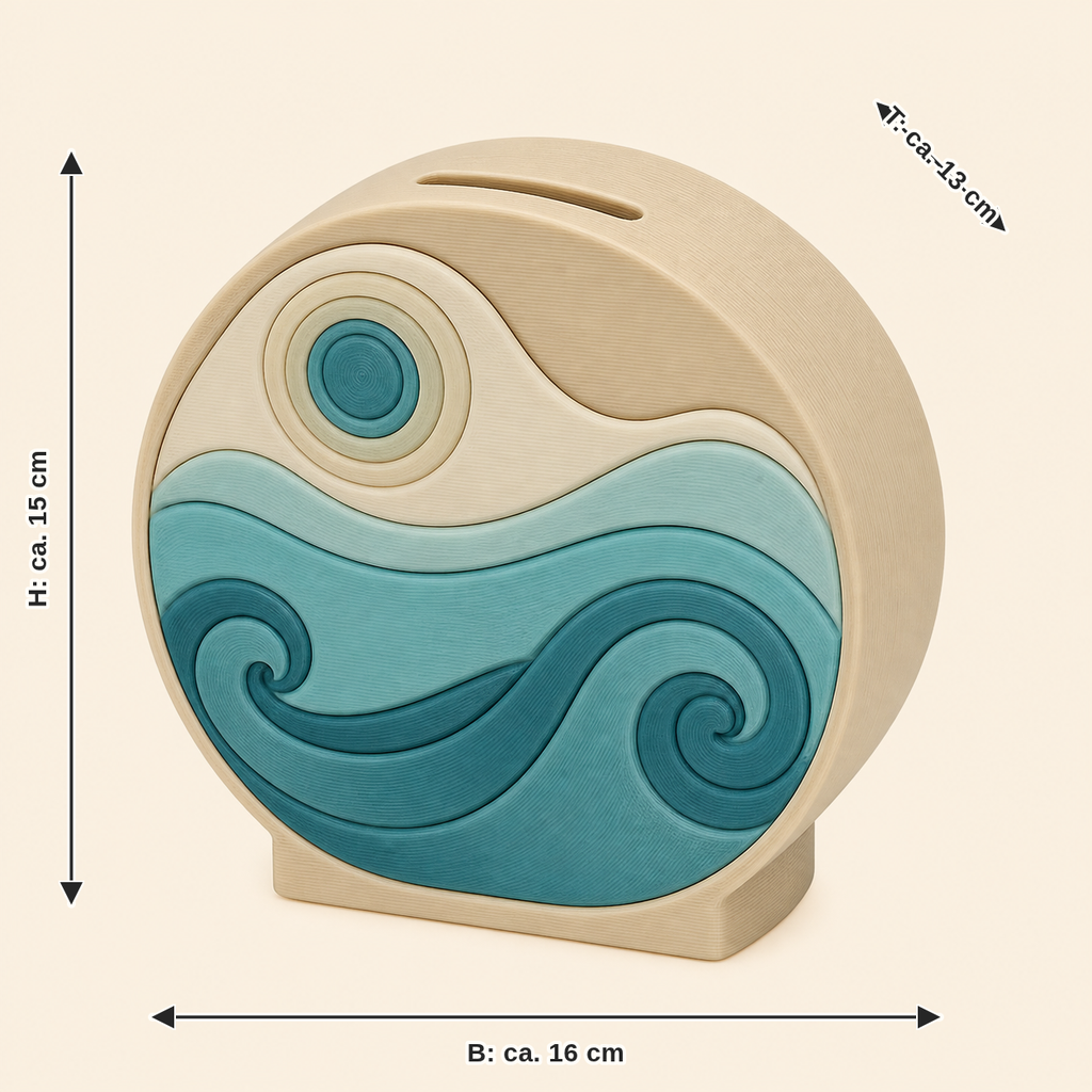 Maßbild für Wellen-Sparbüchse Aquamarin: Breite ca. 16 cm, Tiefe ca. 13 cm, Höhe ca. 15 cm