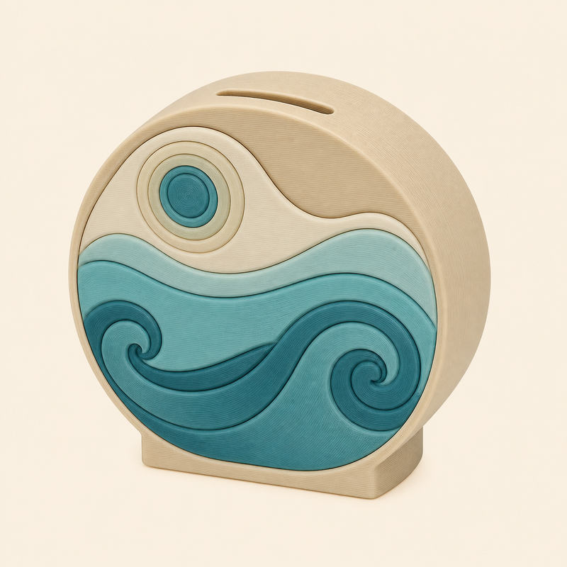 Wellen-Sparbüchse Aquamarin aus 3D-gedrucktem PETG in Sandbeige, Petrol, Creme