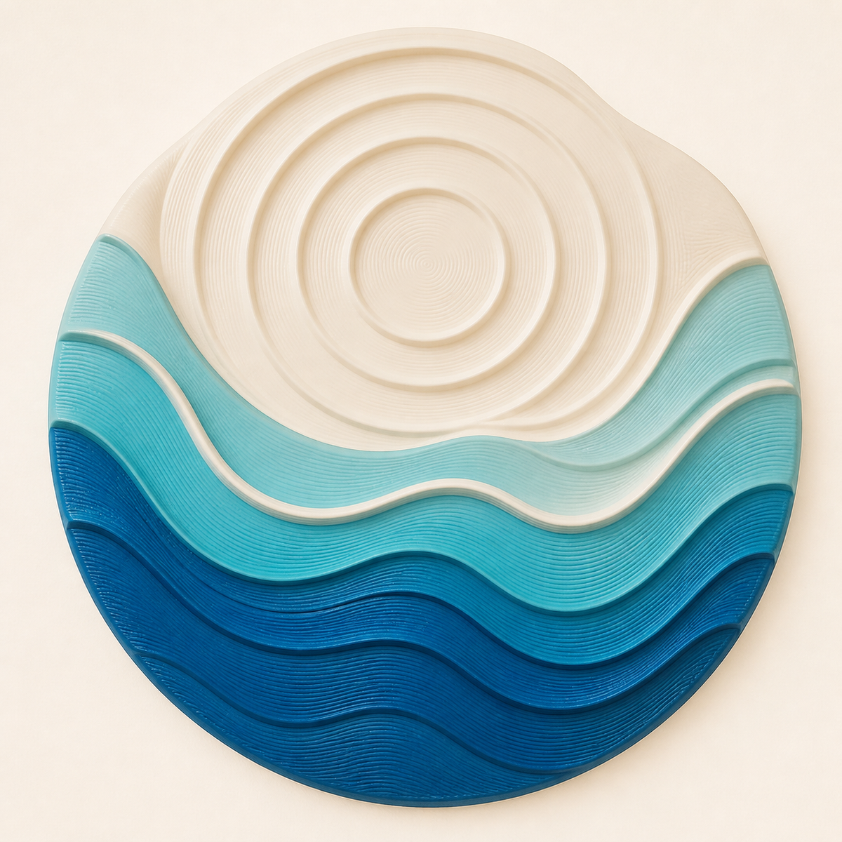Wave-wall relief tidal circle in 3D printed PETG in warm white, sea blue, turquoise