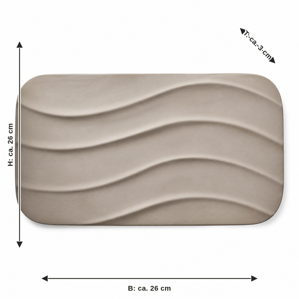 Maßbild für Wellen-Wandrelief in Taupe: Breite ca. 26 cm, Tiefe ca. 3 cm, Höhe ca. 26 cm