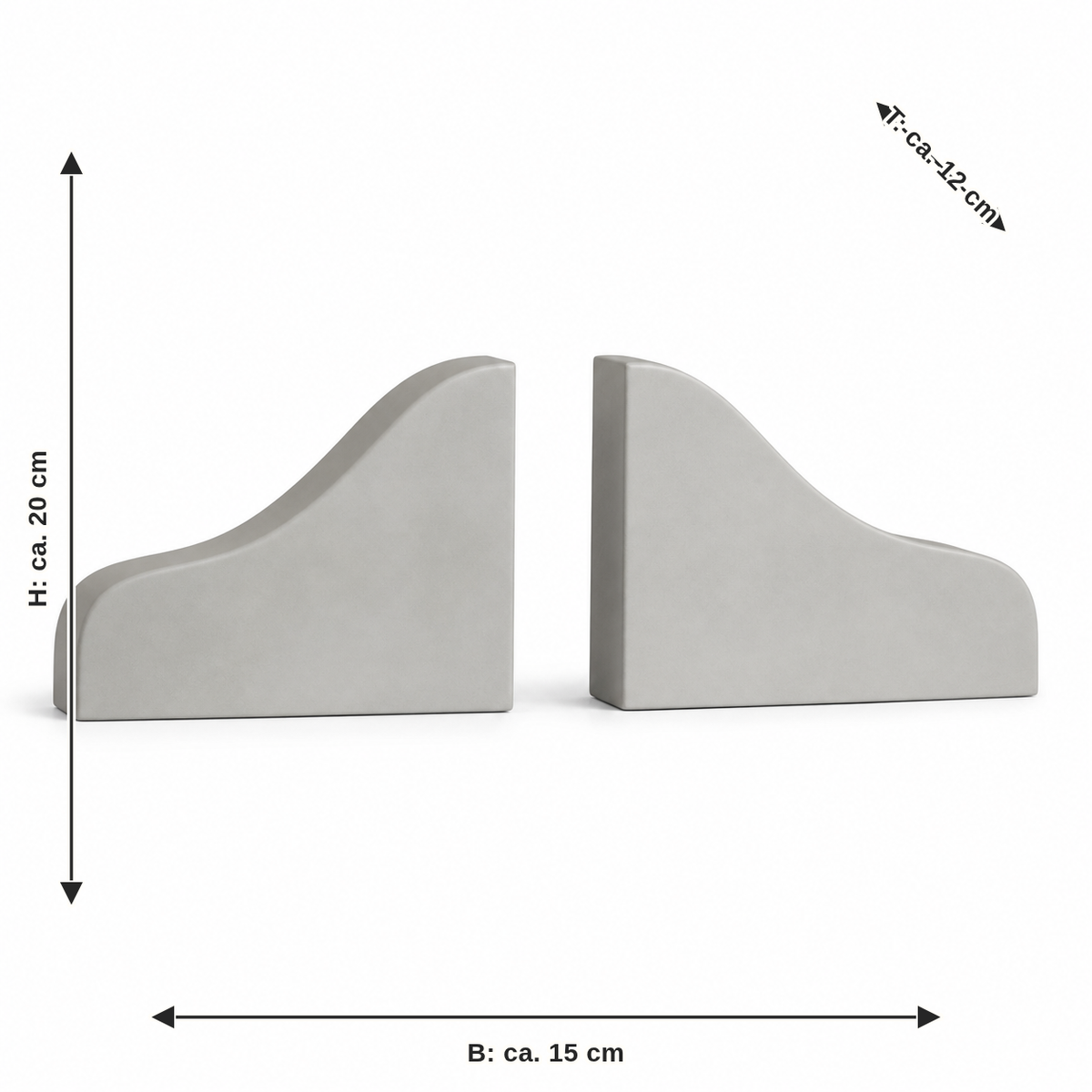 Dimensional image for wave-shaped bookends in light grey: width approx. 15 cm, depth approx. 12 cm, height approx. 20 cm