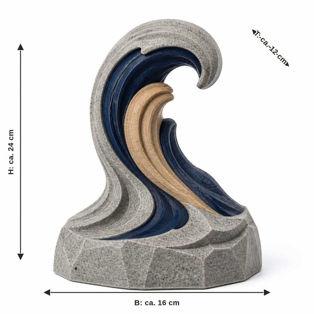 Dimensional image for wave sculpture Nordfjord: width approx. 16 cm, depth approx. 12 cm, height approx. 24 cm