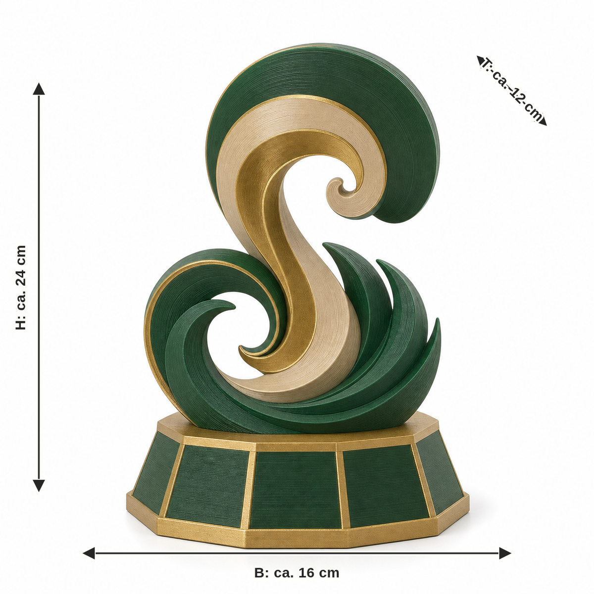 Maßbild für Wellenskulptur Smaragdgold: Breite ca. 16 cm, Tiefe ca. 12 cm, Höhe ca. 24 cm