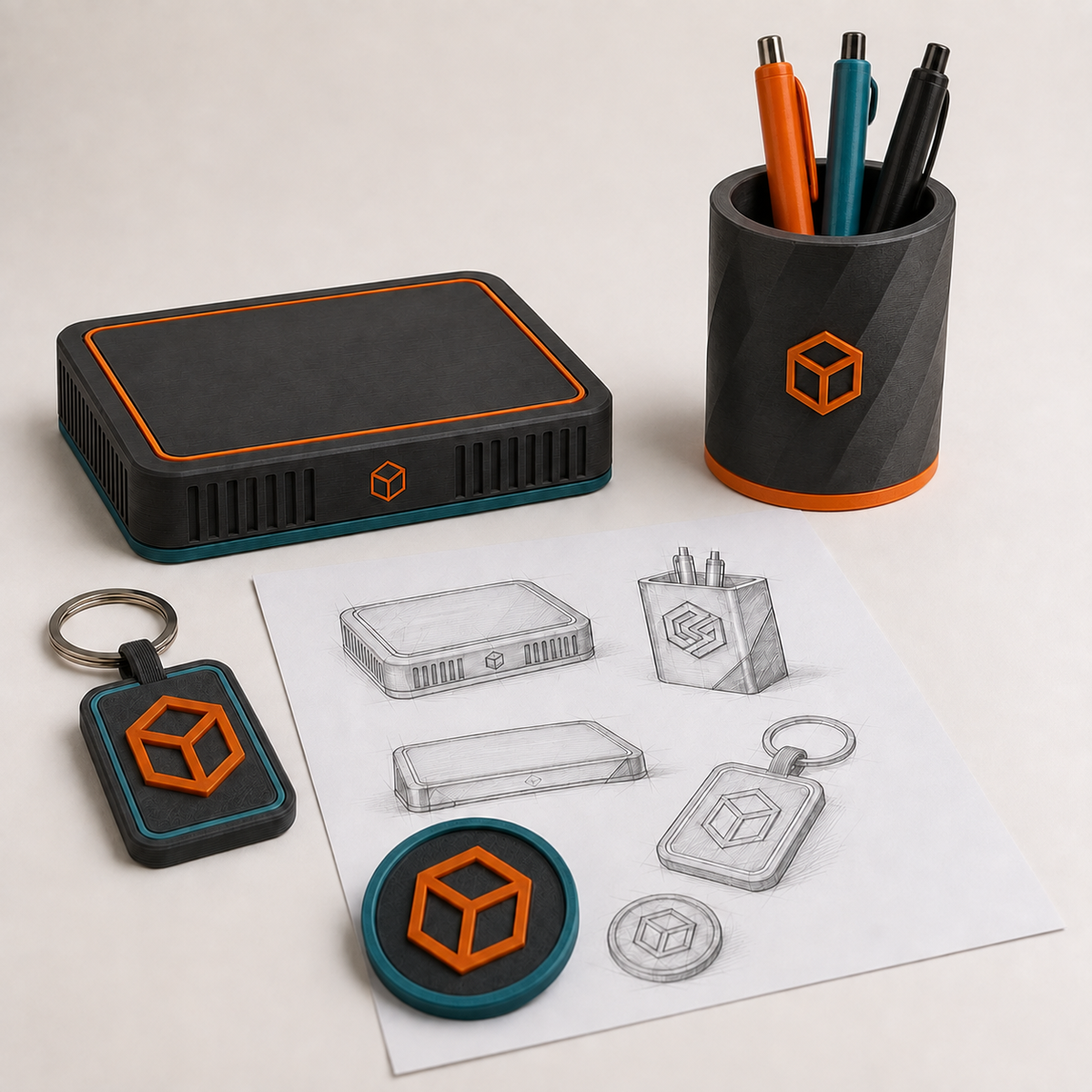 Werbeartikel nach Wunsch mit 3DOrder Präsentationssockel, Stiftehalter, Schlüsselanhänger und Event-Token