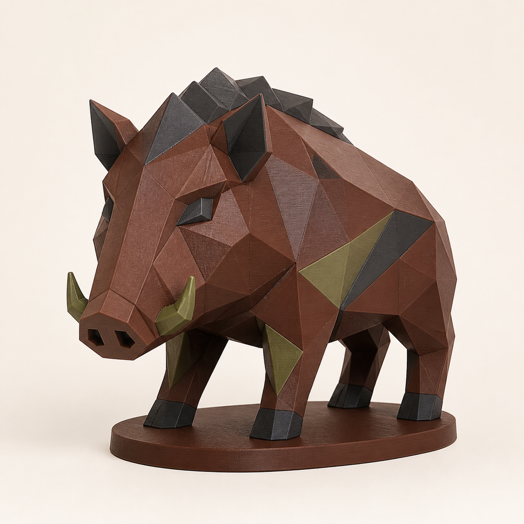 Wildschwein-Low-Poly-Skulptur Facettenfigur aus 3D-gedrucktem PETG in Kastanienbraun, Anthrazit, Olivgrün