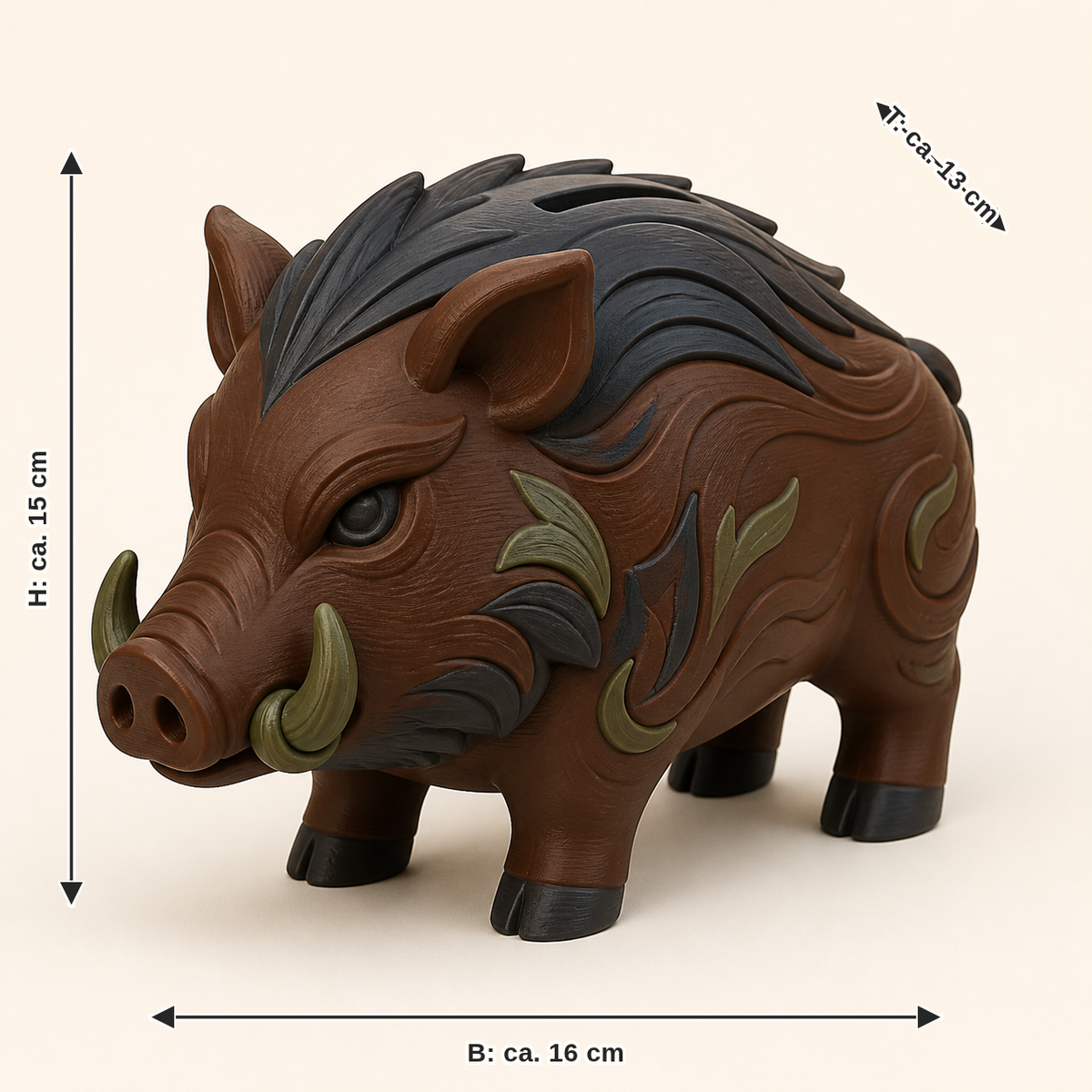 Maßbild für Wildschwein-Sparbüchse Spardose: Breite ca. 16 cm, Tiefe ca. 13 cm, Höhe ca. 15 cm