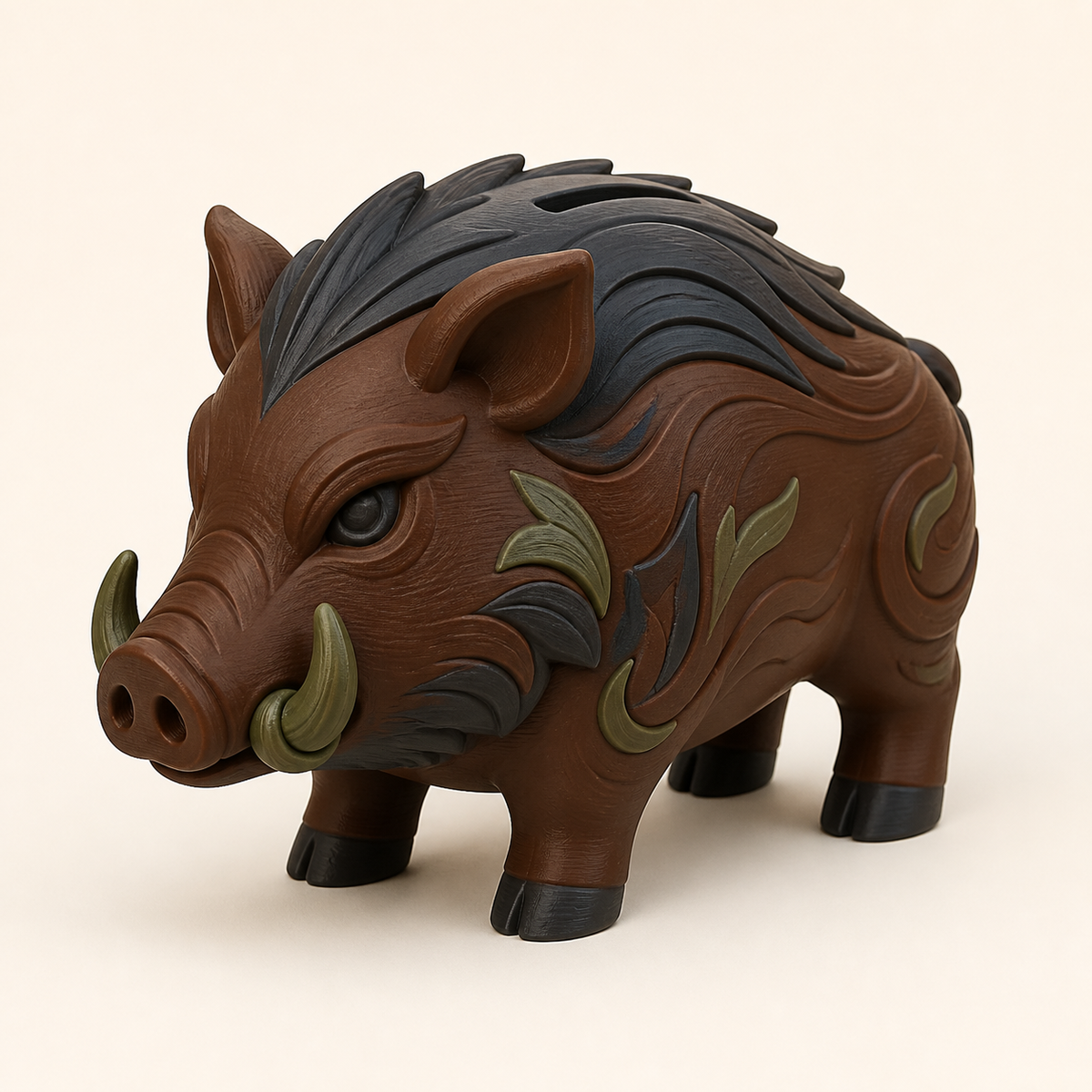 Wildschwein-Sparbüchse Spardose aus 3D-gedrucktem PETG in Kastanienbraun, Anthrazit, Olivgrün