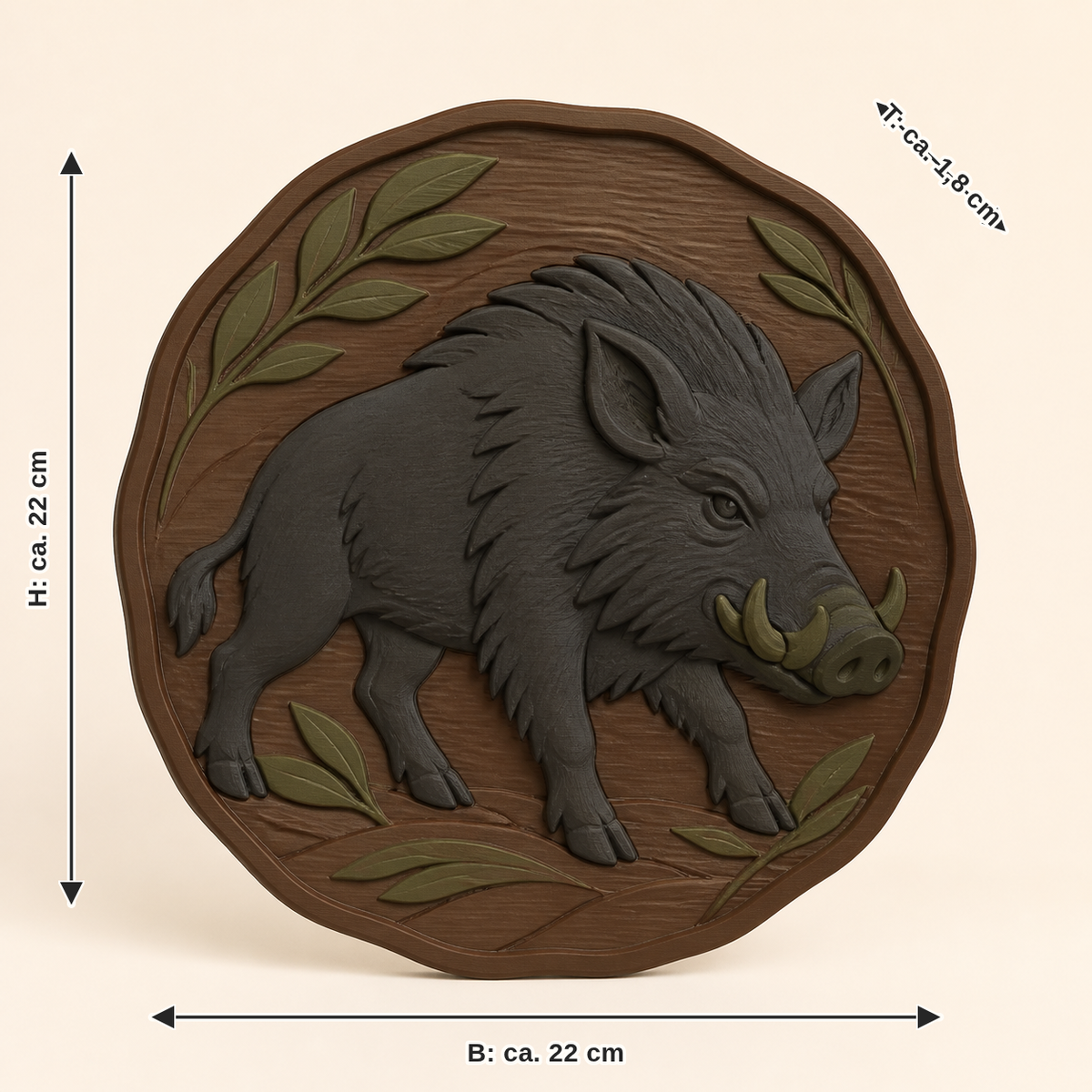 Maßbild für Wildschwein-Wandrelief Tierporträt: Breite ca. 22 cm, Tiefe ca. 1.8 cm, Höhe ca. 22 cm