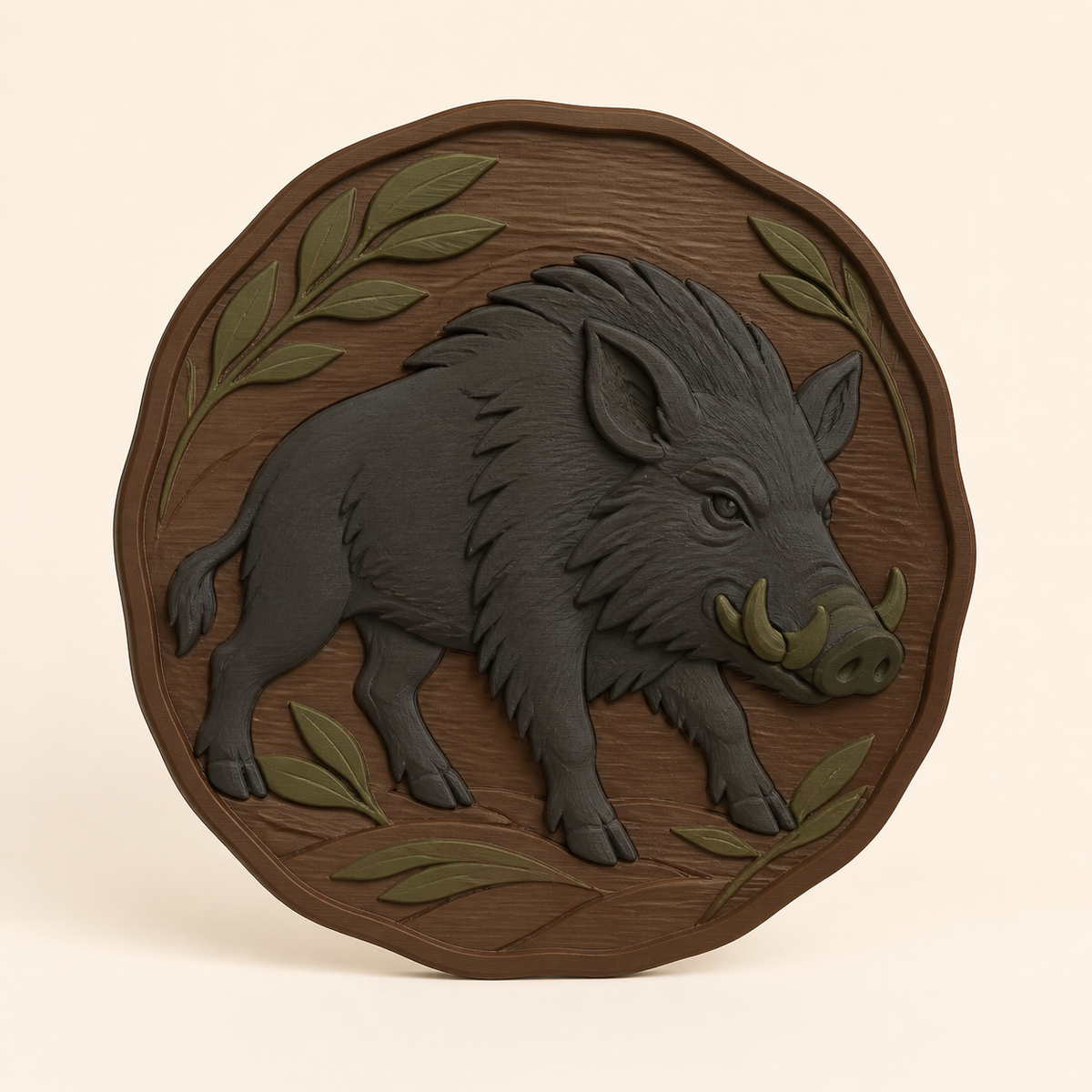 Wildschwein-Wandrelief Tierporträt aus 3D-gedrucktem PETG in Kastanienbraun, Anthrazit, Olivgrün