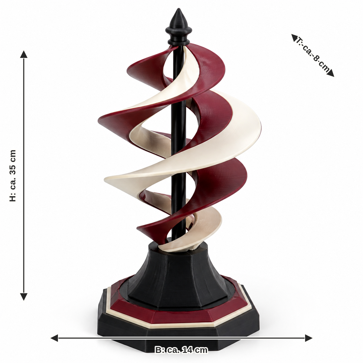 Maßbild für Windspirale Bordeauxband: Breite ca. 14 cm, Tiefe ca. 8 cm, Höhe ca. 35 cm