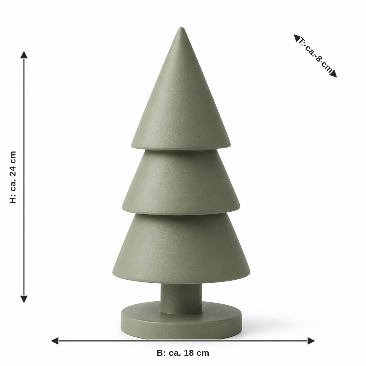 Dimensional image for winter tree set in sage green: width about 18 cm, depth about 8 cm, height about 24 cm