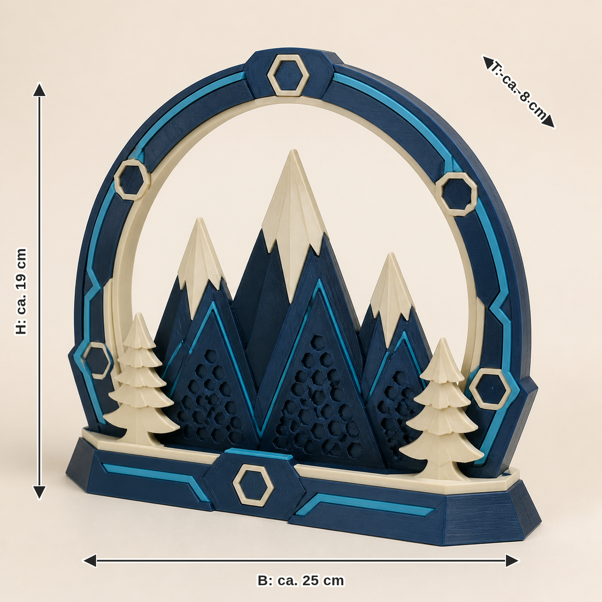 Maßbild für Winterbogen Gipfelruhe – Futuristisch: Breite ca. 25 cm, Tiefe ca. 8 cm, Höhe ca. 19 cm