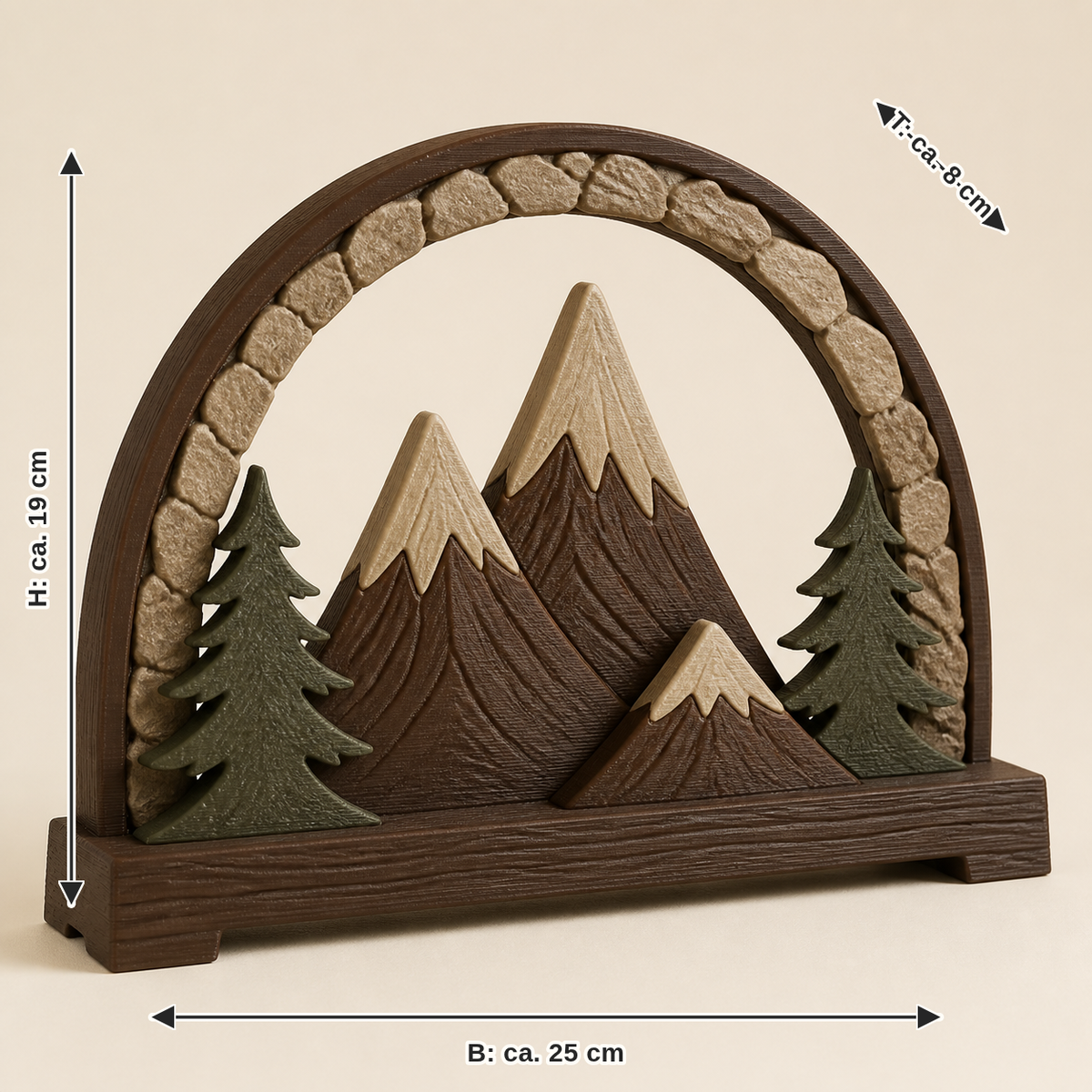 Maßbild für Winterbogen Gipfelruhe – Urig: Breite ca. 25 cm, Tiefe ca. 8 cm, Höhe ca. 19 cm