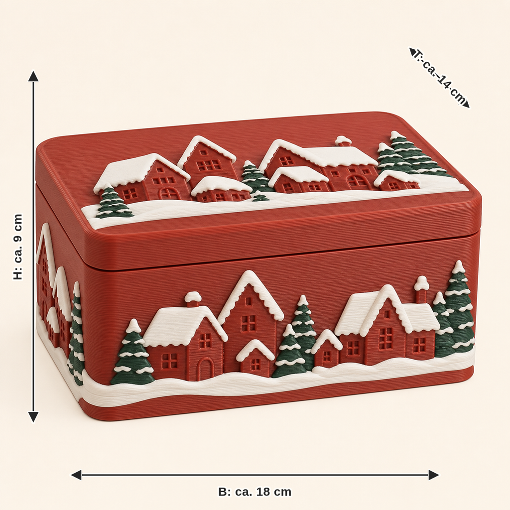 Maßbild für Winterdorf-Aufbewahrungsbox Giebelbox: Breite ca. 18 cm, Tiefe ca. 14 cm, Höhe ca. 9 cm