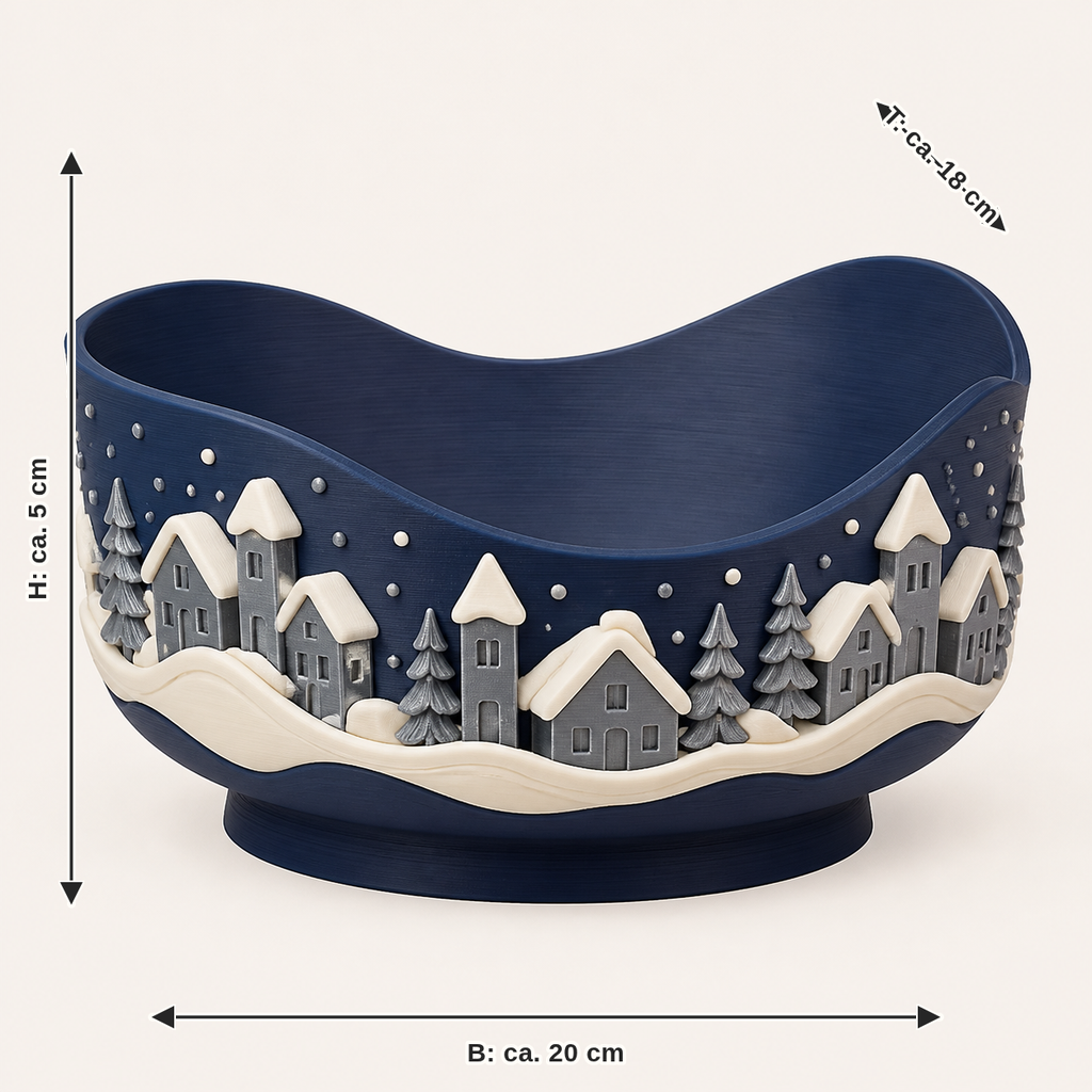 Maßbild für Winterdorf-Dekoschale Dorfmulde: Breite ca. 20 cm, Tiefe ca. 18 cm, Höhe ca. 5 cm