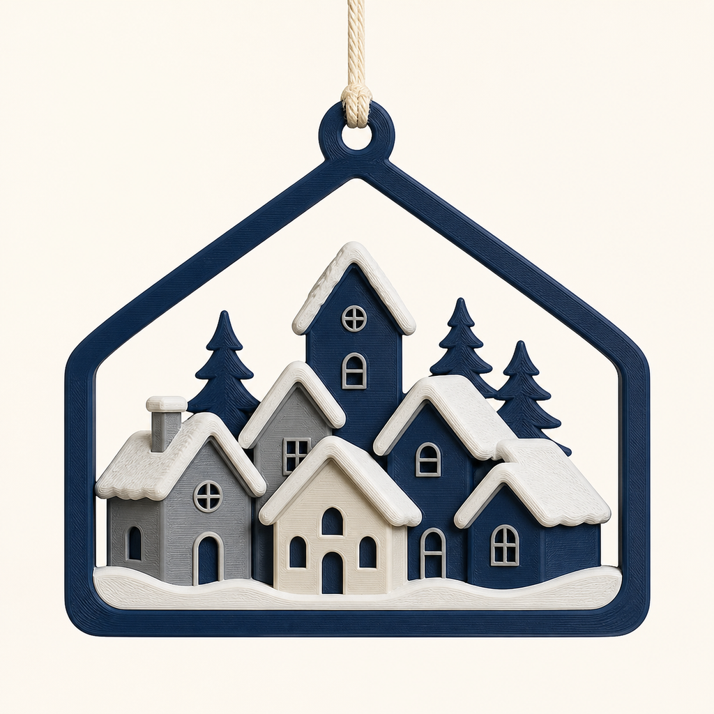 winter village-hanging decoration roof pendant in 3D-printed PETG in night blue, cream, silver grey
