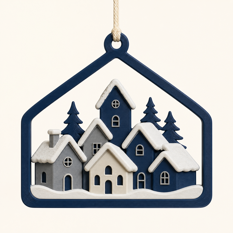 winter village-hanging decoration roof pendant in 3D-printed PETG in night blue, cream, silver grey