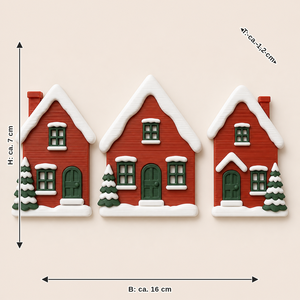 Dimensional image for winter village magnet set House trio: width approx. 16 cm, depth approx. 1.2 cm, height approx. 7 cm