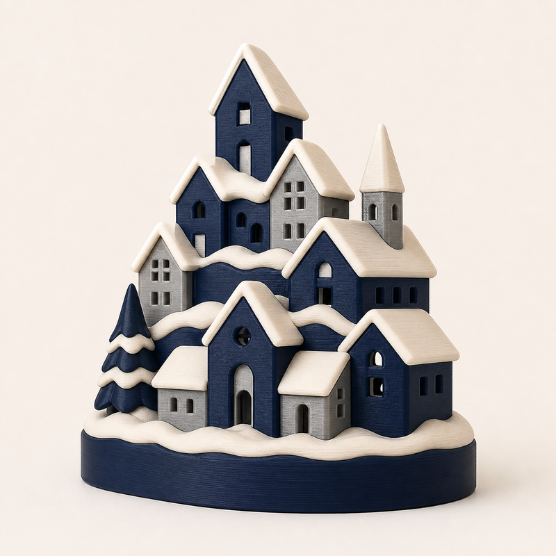 Winterdorf-Mini-Skulptur Schneedorf aus 3D-gedrucktem PETG in Nachtblau, Creme, Silbergrau